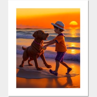 child playing with a dog on the beach. Posters and Art